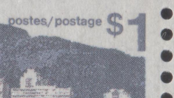 The dot after Postes on the $1 vancouver stamp from the 1972-1978 Caricature Issue of Canada