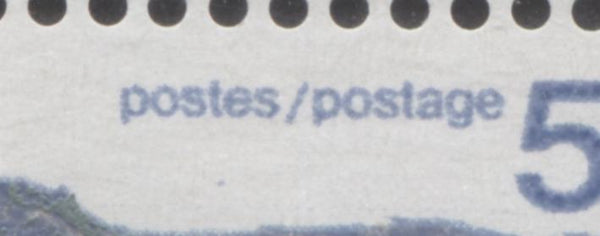 Dot below T of Postes on the 50c seashore stamp from the 1972-1978 Caricature Issue of Canada