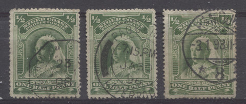 Foreign cancels on the halfpenny Queen Victoria stamp from the second Waterlow Issue of the Niger Coast Protectorate