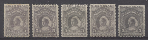 Grey shades on the 5d Queen Victoria stamp from the 1894 Waterlow Issue of Nigr Coast Protectorate