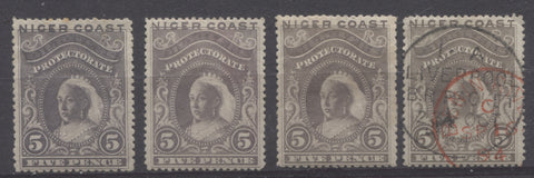 Grey violet and brownish grey shades of the 5d Queen Victoria stamp from the 1894 Waterlow Issue of Niger Coast Protectorate