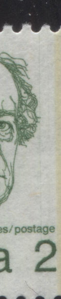 The 2c Green Laurier stamp from the 1972-1978 Caricature Issue showing a vertical hairline