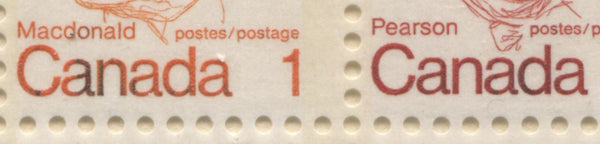 Close up scan of the 1c Macdonald and 6c Pearson stamps from a 25c booklet showing migration of the ultramarine ink from the 8c Queen