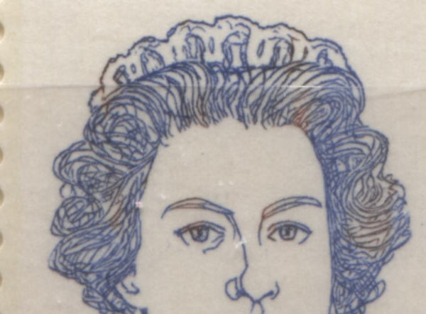 The orange in the Queen's hair of the 8c Queen stamp from the 1972-1978 Caricature Issue of Canada