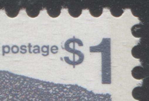 Partially doubled dollar sign on the $1 vancouver stamp from the 1972-78 Caricature Issue