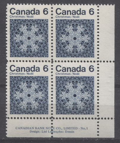 Plate 1 block of the 1971 6c Christmas stamp of Canada