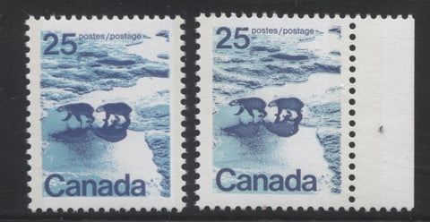 Types 1 and 2 examples of the 25c Polar Bears stamp from the 1972-1978 Caricature Issue of Canada