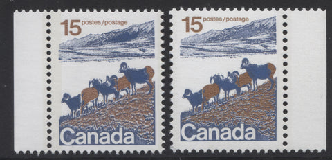Type 1 and type 2 examples of the 15c Mountain Sheep stamp from the 1972-1978 Caricature Issue of Canada