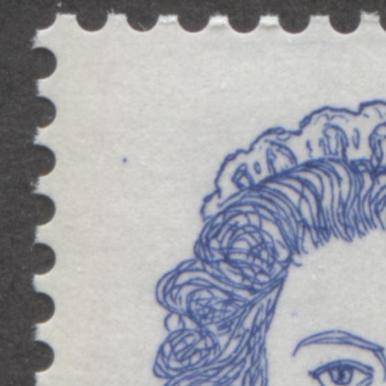 The 8c ultramarine Queen Elizabeth II stamp from the 1972-1978 Caricature Issue of Canada showing the dot to the left of the Tiara