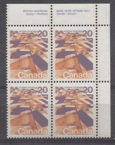 Upper right plate block of the 20c Prairies stamp from the 1972-1978 Caricature Issue of Canada showing fully perforated selvage