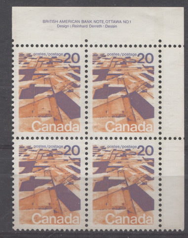 Upper right plate block of the 20c Praries stamp from the 1972-78 Caricature Issue of Canada showing single extension hole in upper selvage