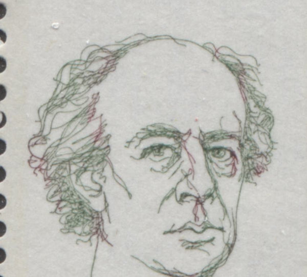 2c Green Laurier stamp from the 1972-1978 Caricature Issue showing migration of red ink from a 10c booklet stamp
