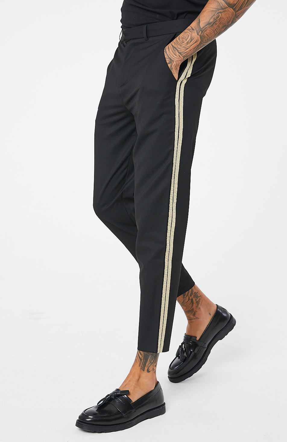 black trousers with gold stripe