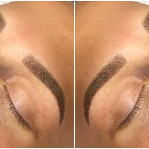 Mirror image of girl with eyes closed showing her feathery Blade & Shade, a combination of hairstrokes throughout the brows with shading in between
