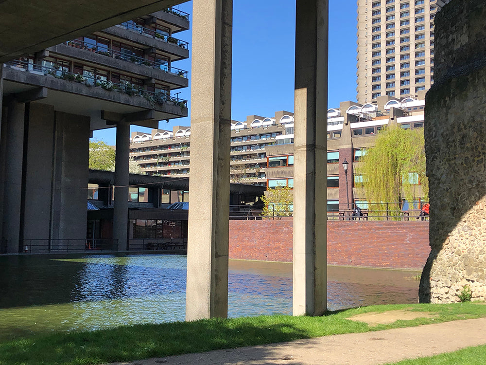 Picnic spot overlooking the Barbican water feature in the City of London