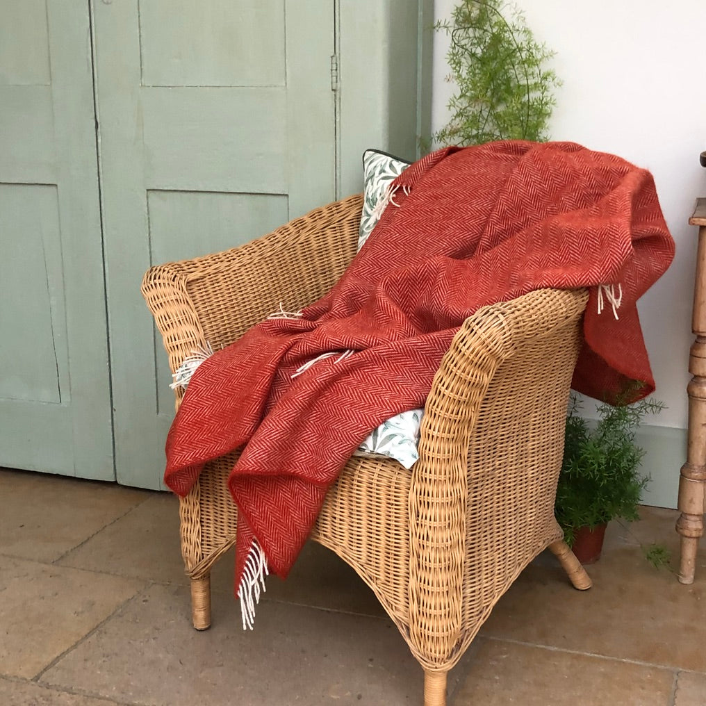 Style idea using an orange wool herringbone blanket thrown over a conservatory chair