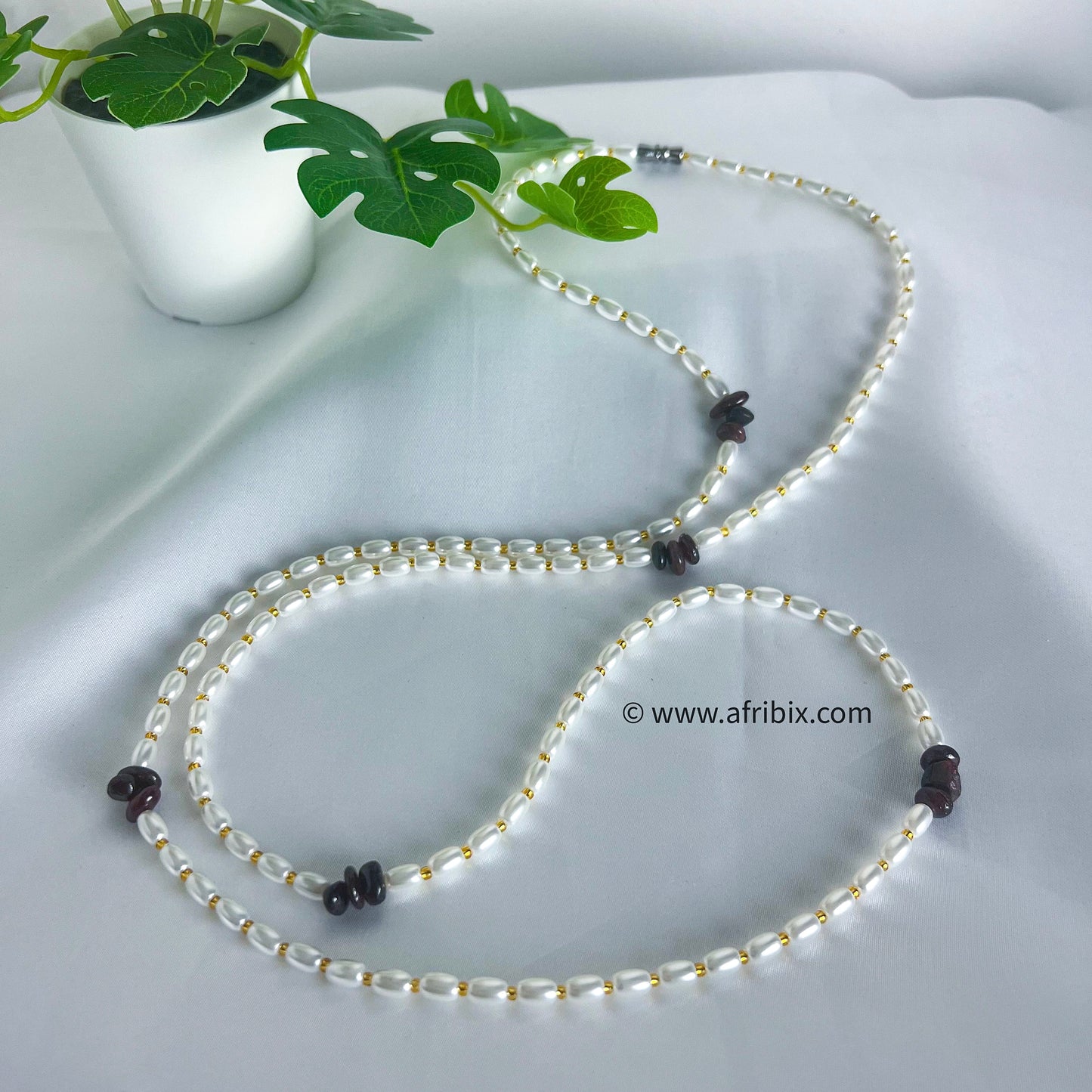 Adaobi White Pearl and Garnet Belly Chain Waistbead