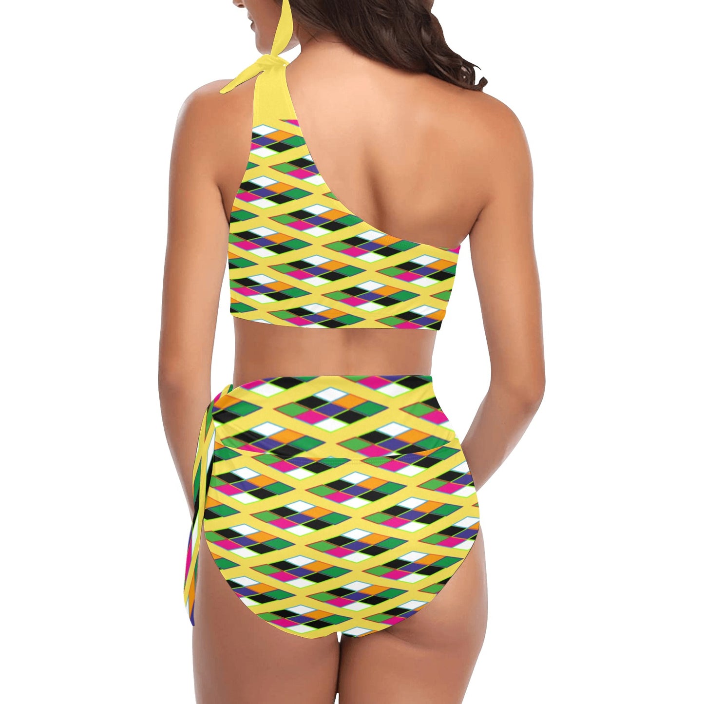 Yellow Pyramid Print One Shoulder High Waist Bikini