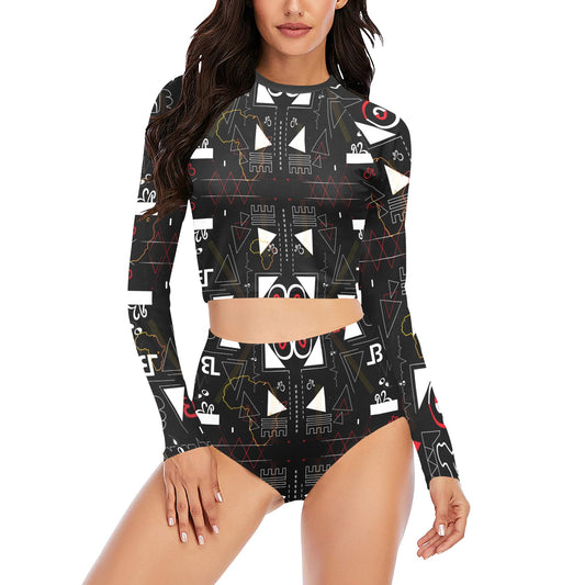 Linear Print Long sleeve bikini set