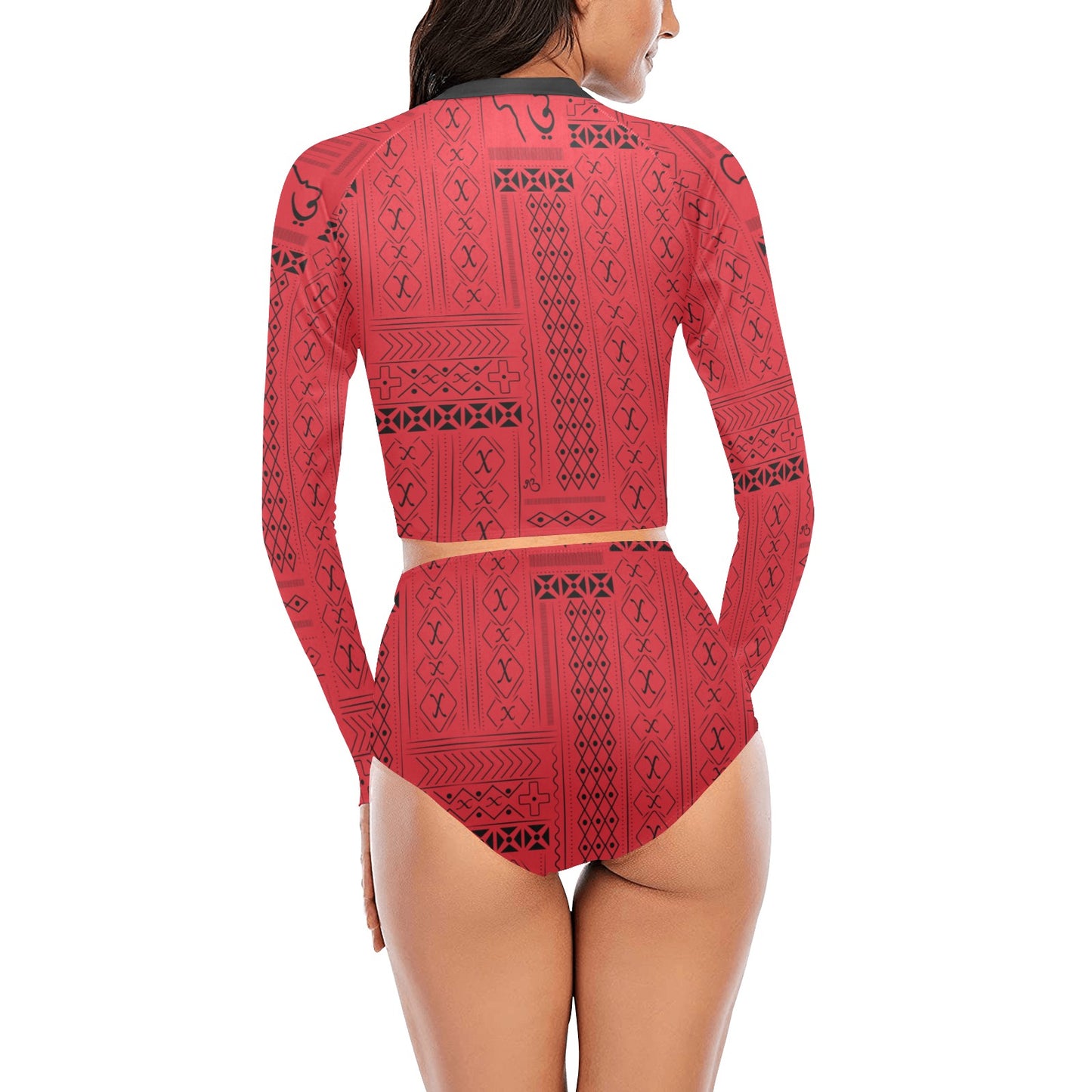 Tribal Print Long Sleeve Bikini Swimsuit Set