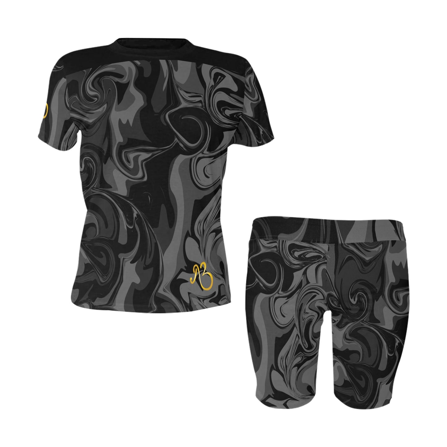 Marble Print 2 Piece Black Spandex Lounge Wear Bike Short Set