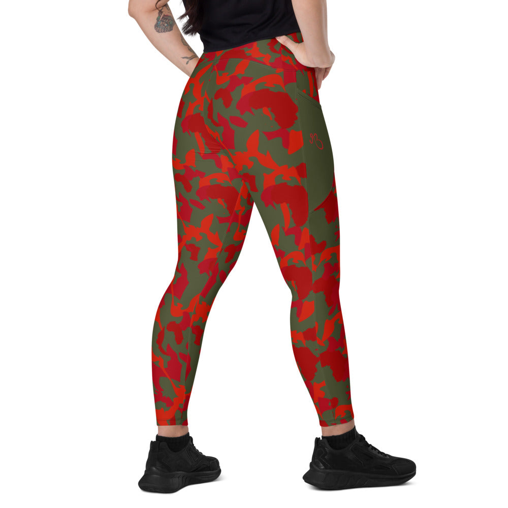 Camouflage High Waist Leggings with pockets - flyersetcinc Olive Red Camo Print