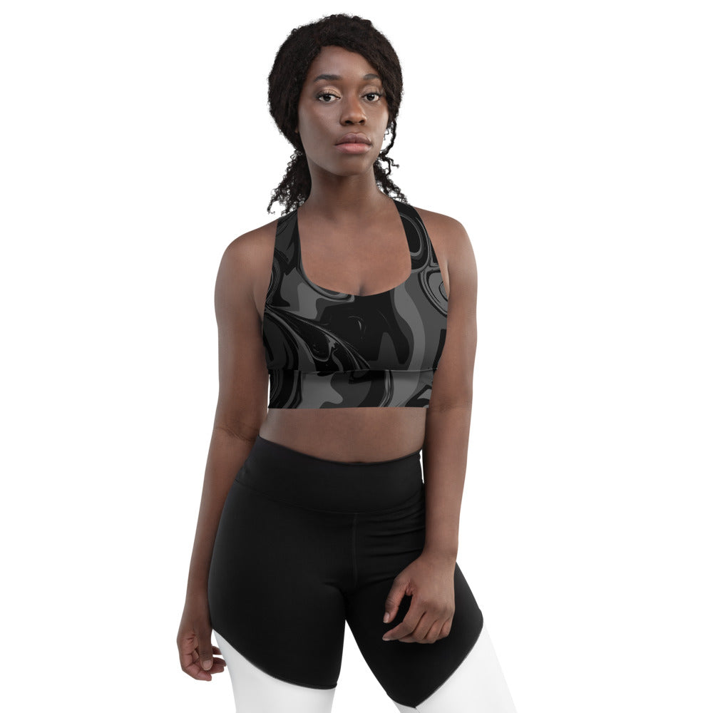 Black Marble Print Longline Sports Bra