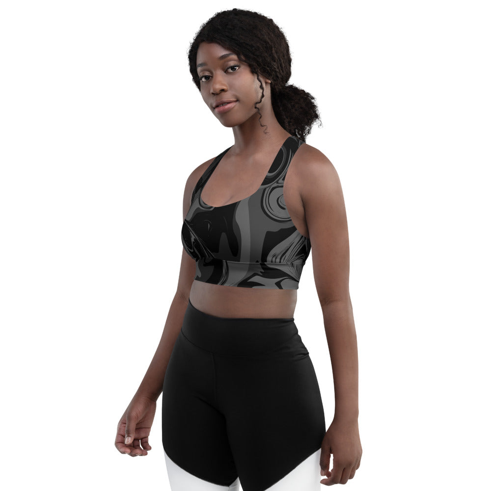 Black Marble Print Longline Sports Bra