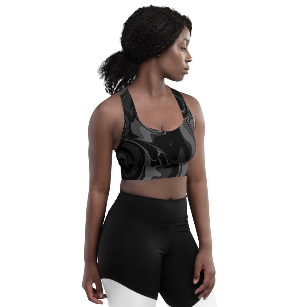 Black Marble Print Longline Sports Bra