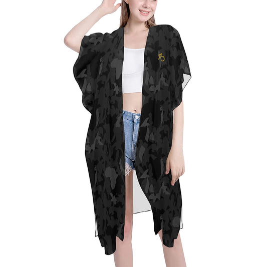 flyersetcinc Camo Noir Beach Kimono with Mid-Length Side Slits Chiffon Cover Up