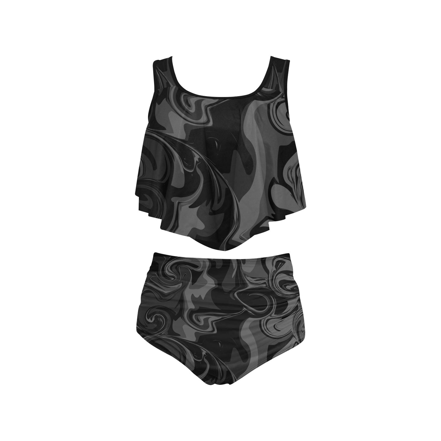 Black Marble Ruffle Flounce High Waist Bikini Set