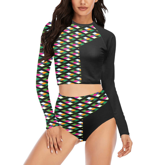 Pyramid Print Long Sleeve Black Bikini Set