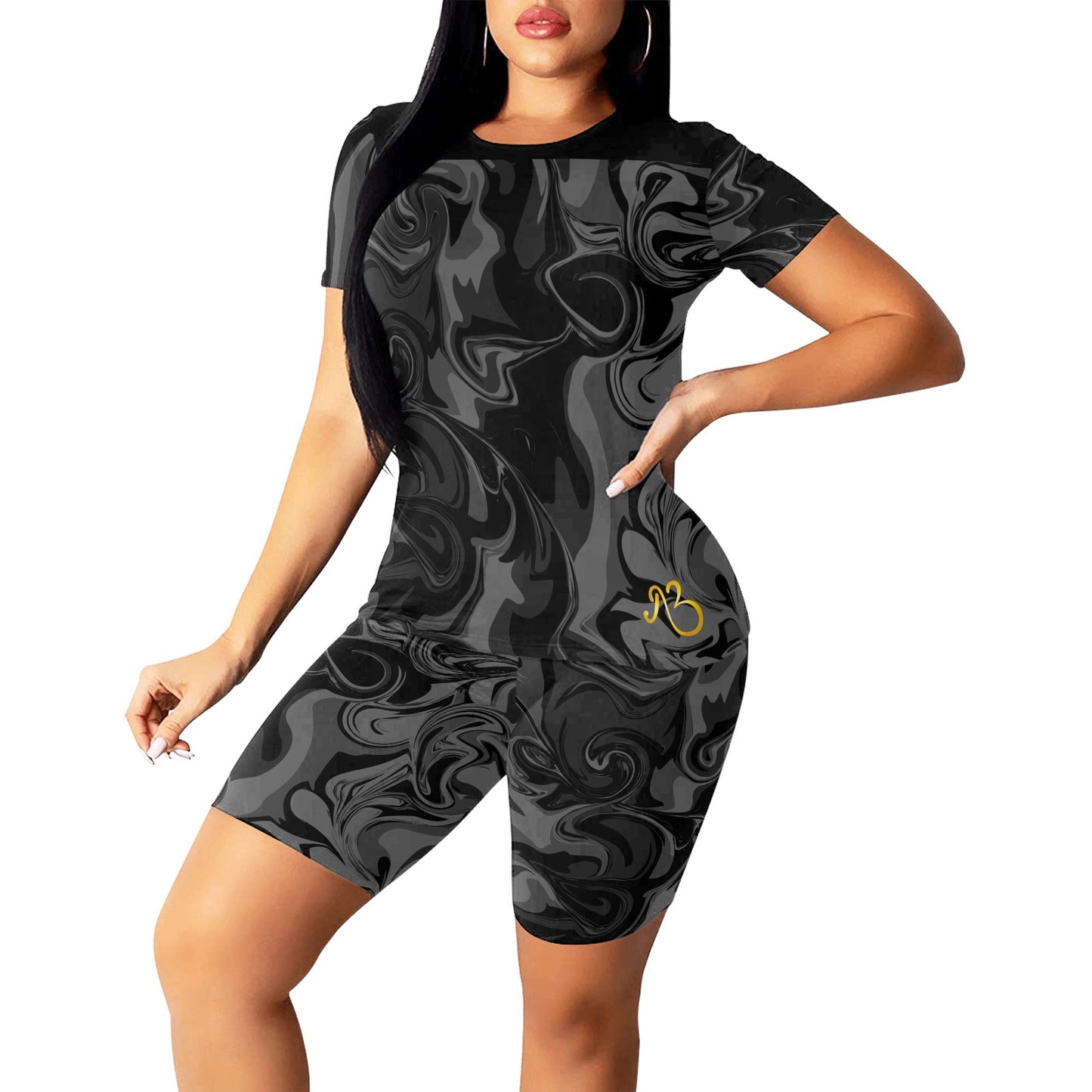 Marble Print 2 Piece Black Spandex Lounge Wear Bike Short Set