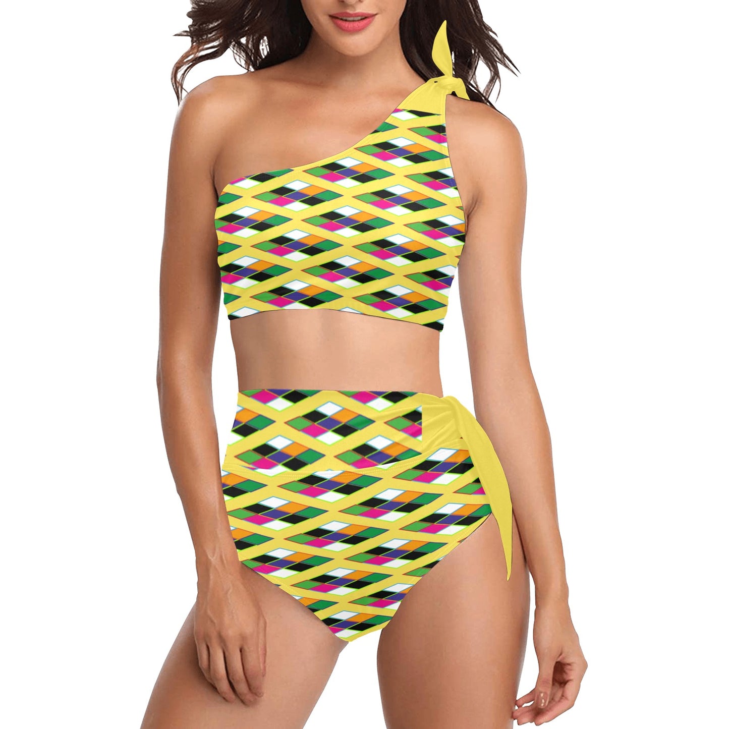 Yellow Pyramid Print One Shoulder High Waist Bikini