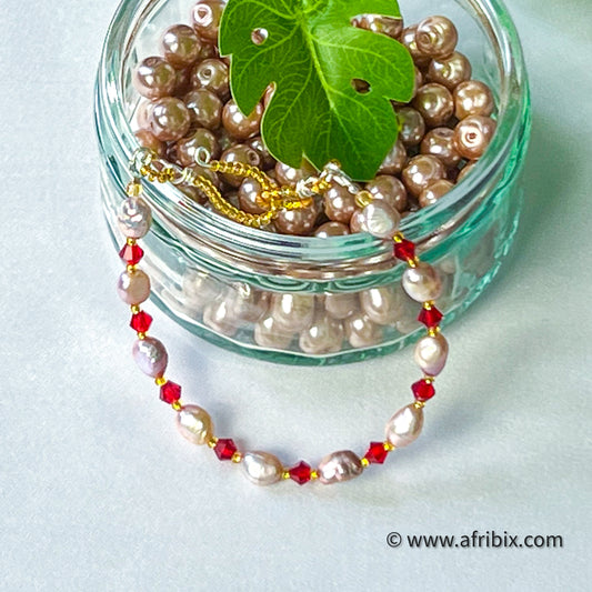 Freshwater Pearl and Red Crystal Bracelet