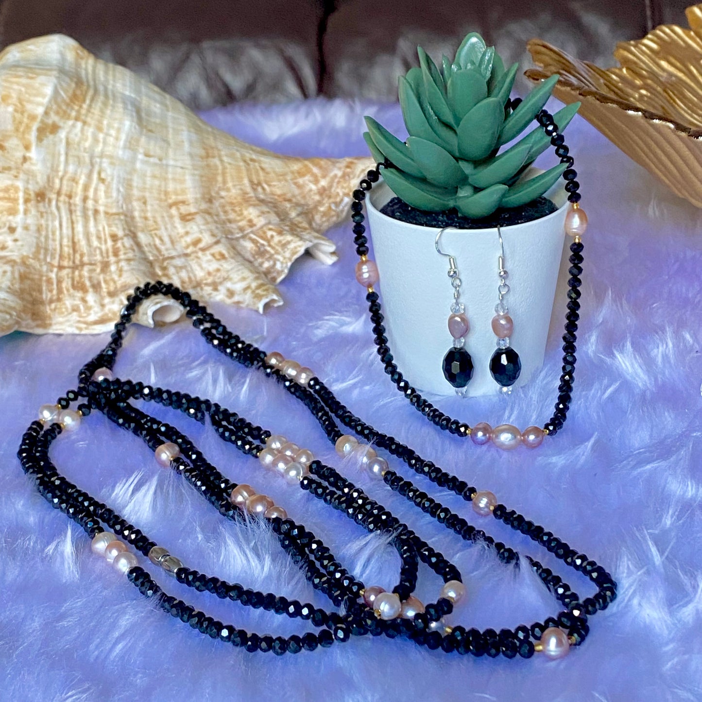 Lily Freshwater Pearl and Black Crystal Waist Bead Set