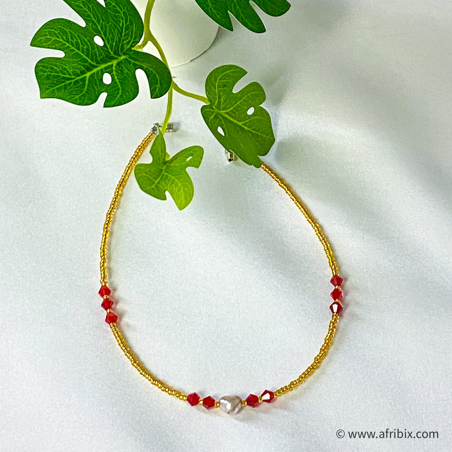 Scarlet Crystals and Freshwater Pearl Red Anklet