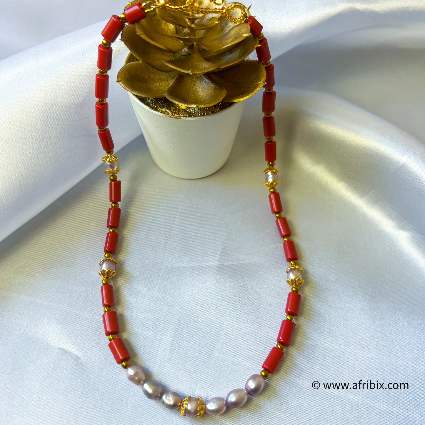 Emotan Pearl and Coral Necklace 3 Piece set.