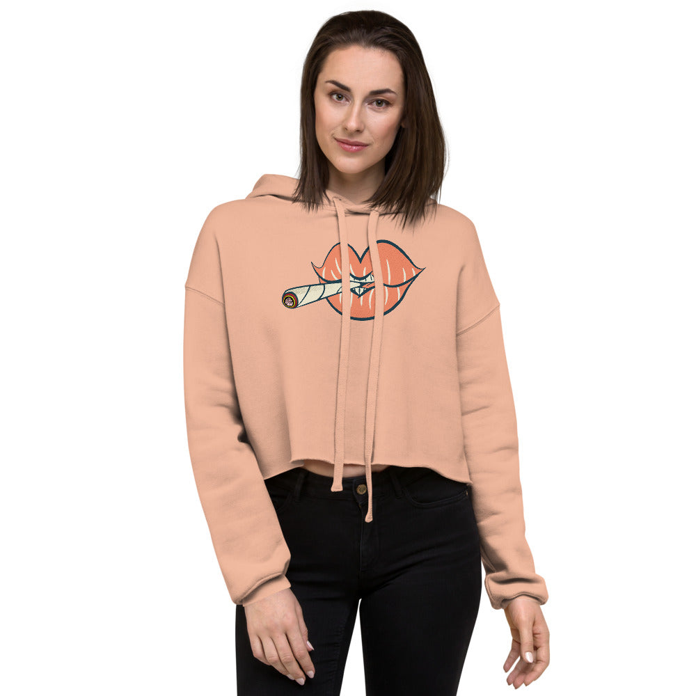 'Puff on Dis' Graphic Lips Comfy Crop Hoodie