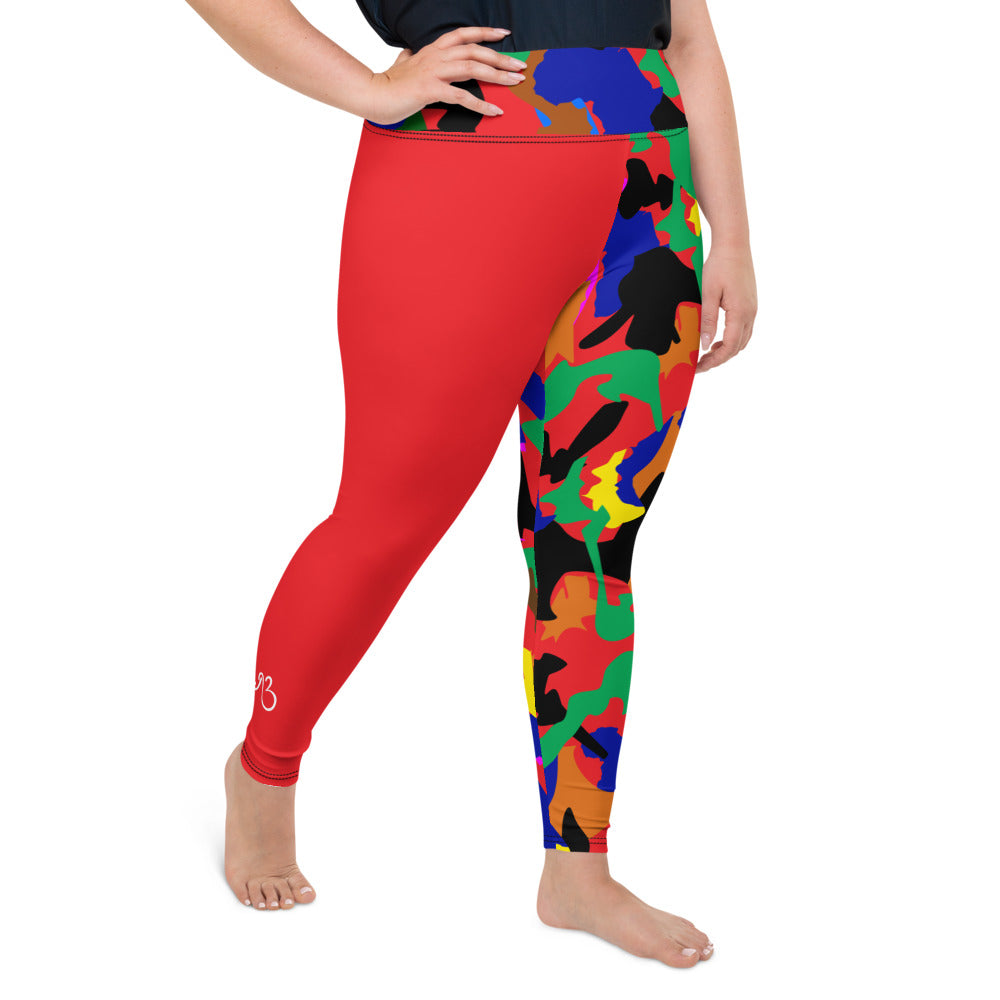 flyersetcinc Camo Print Patch Plus Size High Waist Leggings - Red