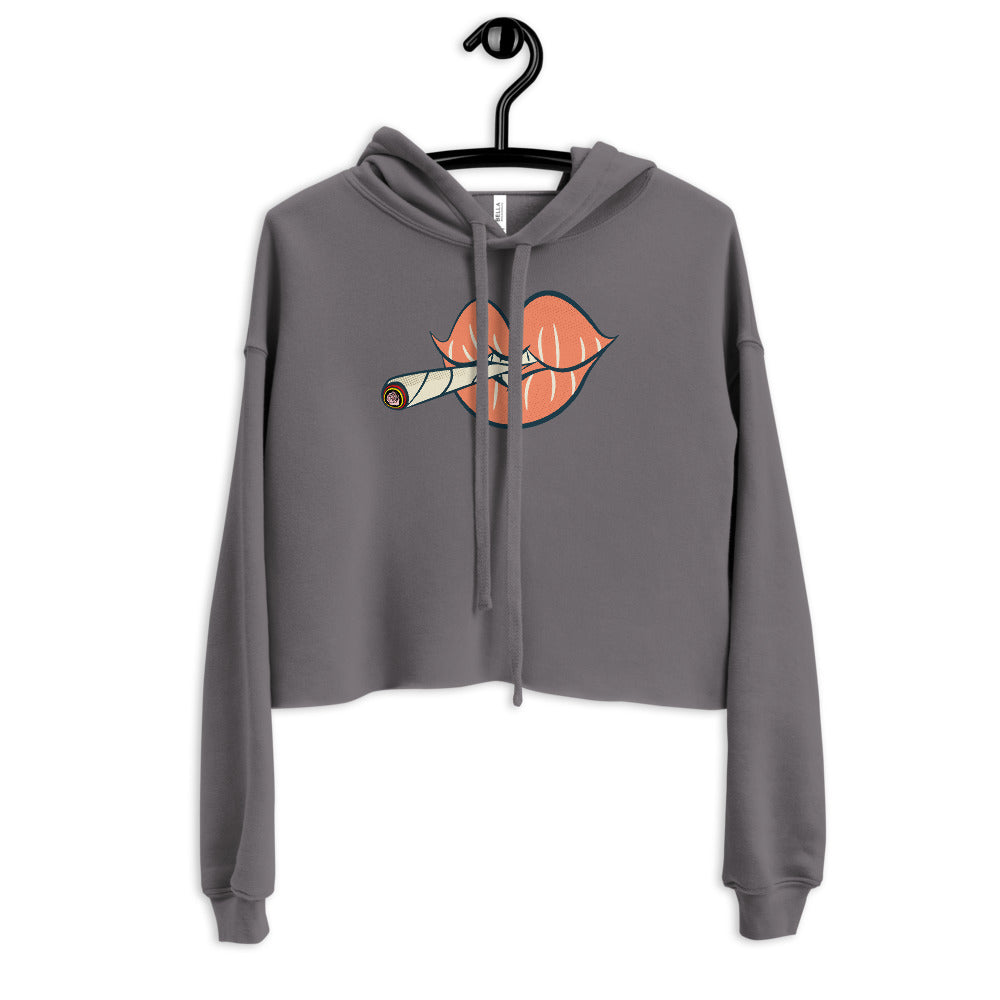 'Puff on Dis' Graphic Lips Comfy Crop Hoodie