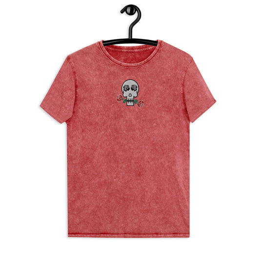 Skulls and Roses Embroidered Denim T-Shirt