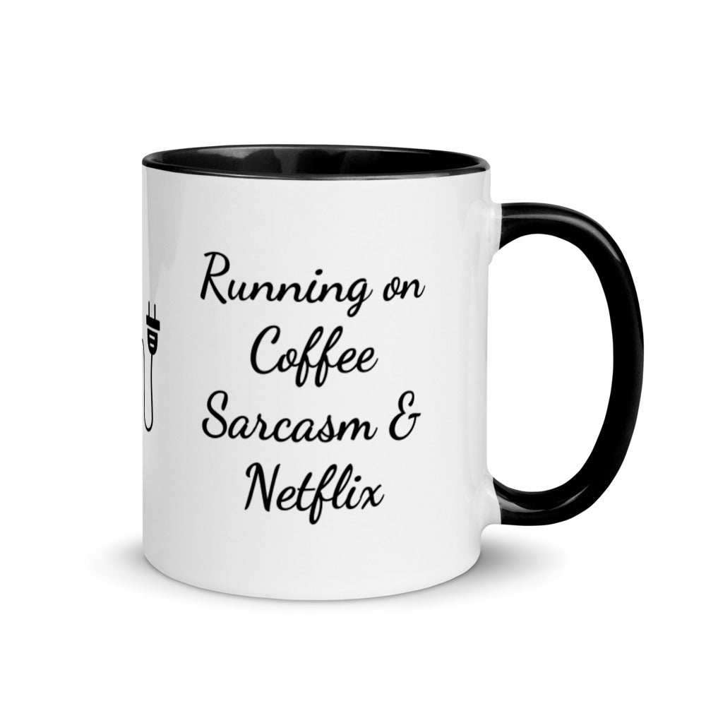 "Running on Coffee Sarcasm and Netflix" Two Toned Mug with Color Inside