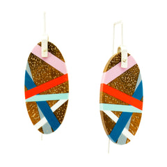 Living Coral and Classic Blue Oval Wood Earrings 