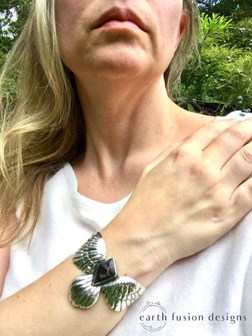 Dendritic Opal Sterling Silver Cuff Bracelet on Wrist