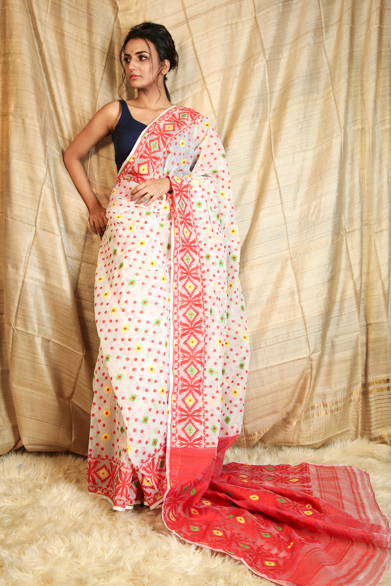 White Jamdani Saree With All Over Diamond Motif Design Charukriti 