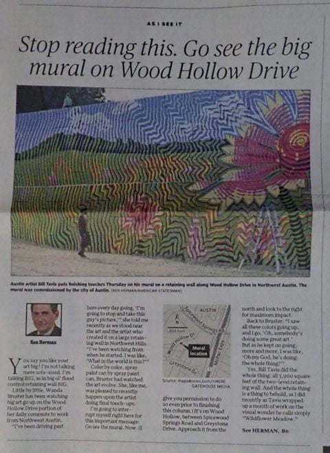 Tavis mural wildflower meadow artwork color halftone spraypaint newspaper statesman