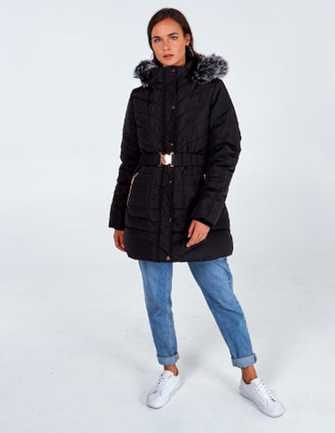 Faith Black Mix Quilt Belted Puffer Coat
