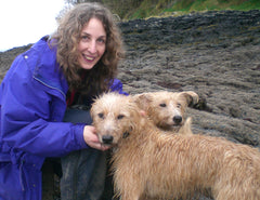 Anne Harrington Rees with two lurchers on Courtmacsherry beach.