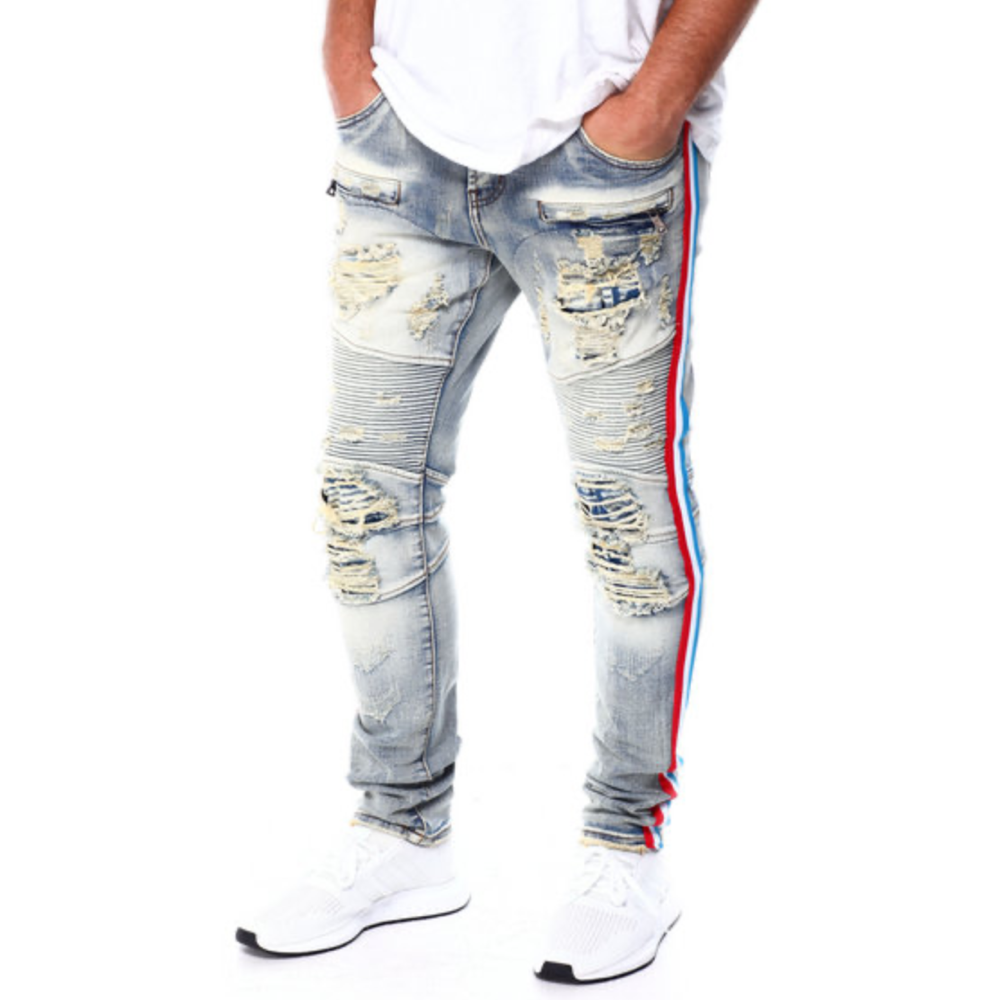 blue jeans with red and white stripe